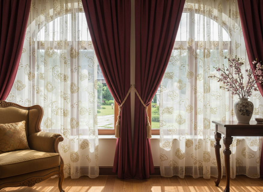 contoh gambar gorden imlek elegan merah sheer