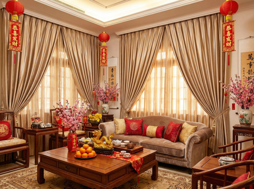 contoh gambar gorden imlek elegan emas champagne