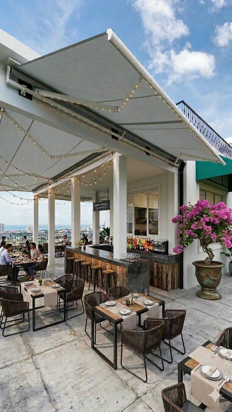 penggunaan Awning Gulung Remot / Kanopi Otomatis untuk Rooftop Restoran & Cafe