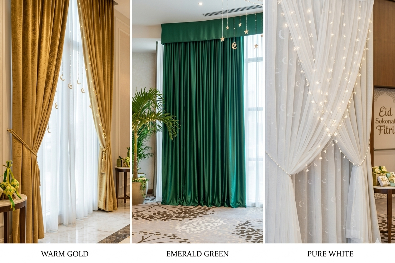 dekorasi gorden lebaran idul fitri untuk ballroom warna Warm Gold, Emerald Green, dan Pure White