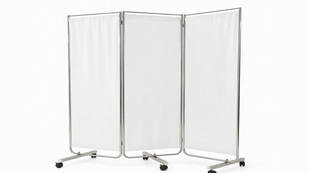 Jual Bed Screen Terbaik & Terlengkap | Sekat Ruangan / Pembatas Pasien 19 Bed screen 3 bidang rangka stainless steel dengan tiga panel tirai putih dan roda castor