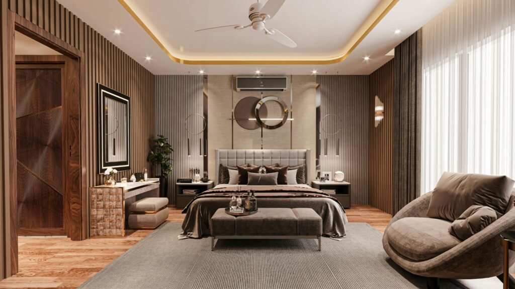 Ilustrasi interior kamar dengan gorden, karpet, dan wall panel sebagai cakupan pekerjaan fit out