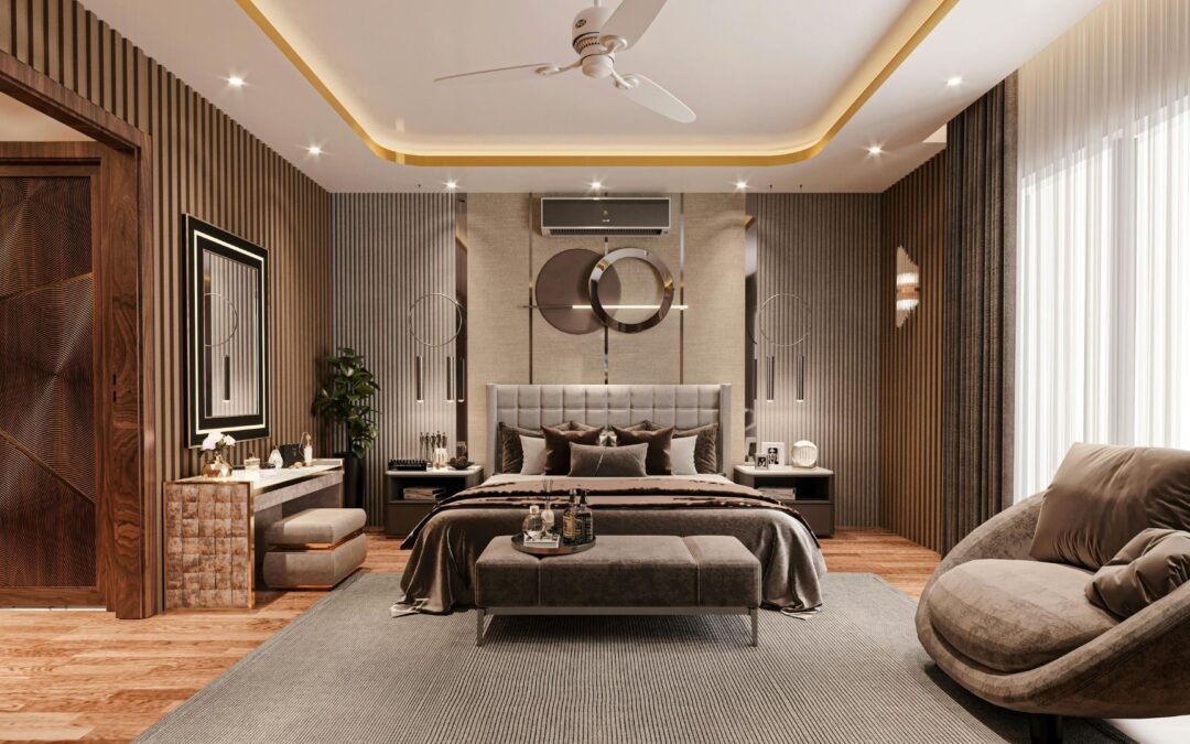 Ilustrasi interior kamar dengan gorden, karpet, dan wall panel sebagai cakupan pekerjaan fit out