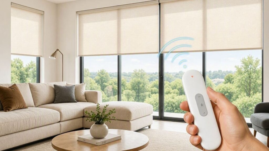 jual gorden elektrik / Roller blind elektrik pada jendela ruang keluarga dioperasikan dengan remote control