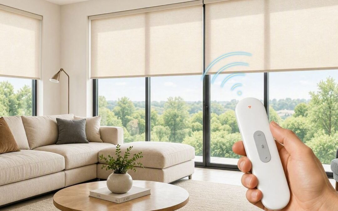 jual gorden elektrik / Roller blind elektrik pada jendela ruang keluarga dioperasikan dengan remote control