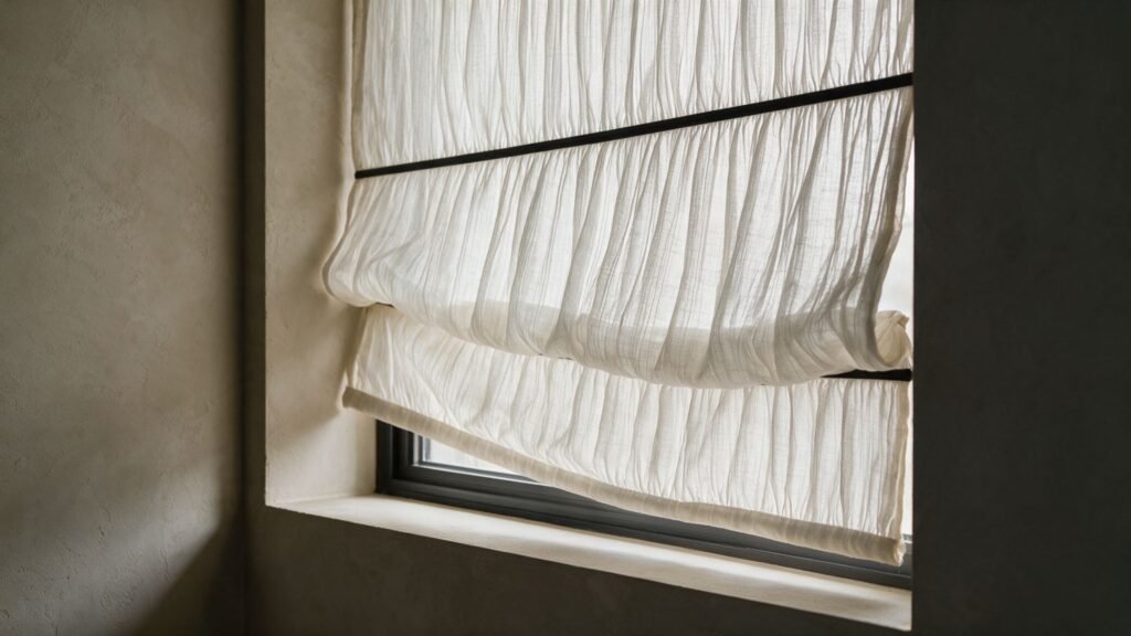 Roman shade sheer bertekstur linen putih dengan lipatan relaxed, dipasang di dalam kusen jendela