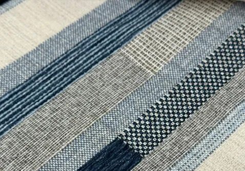 Limited fabric Turki yarn dyed bermotif garis biru, abu-abu, dan krem dengan tekstur tenun