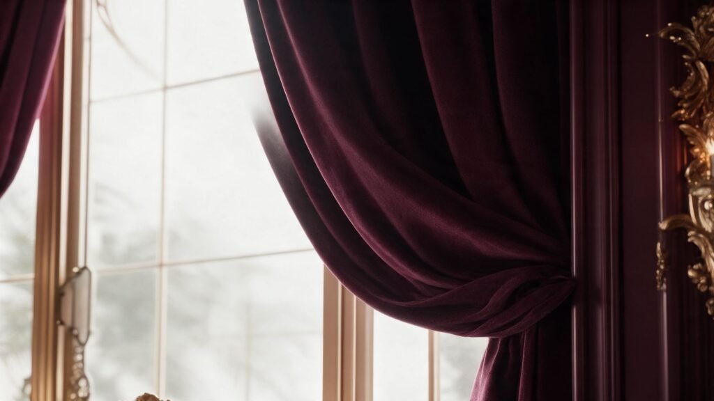 Detail gorden klasik velvet merah marun yang jatuh berat di samping jendela dengan ornamen emas, pilihan polos untuk interior rumah mewah